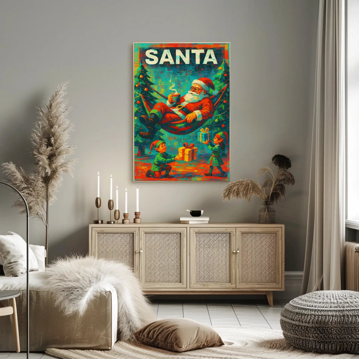 The poster features a festive Christmas theme with a playful depiction of Santa Travel Poster