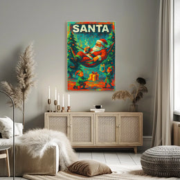 The poster features a festive Christmas theme with a playful depiction of Santa Travel Poster