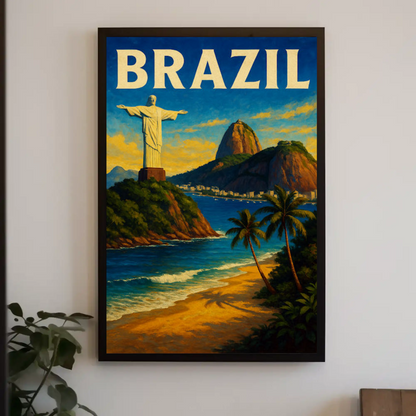 Brazil Rio De Janeiro Christ Statue Beach Travel Poster