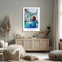 Vibrant Kefalonia Coastal Scene Watercolor - Travel Poster PosterGoat