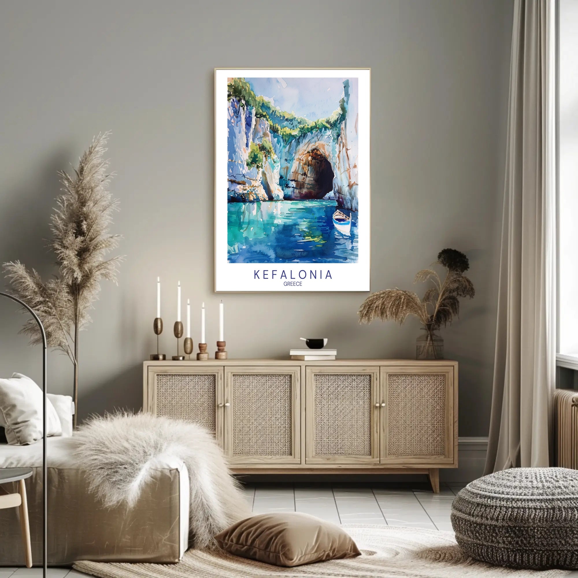 Vibrant Kefalonia Coastal Scene Watercolor - Travel Poster PosterGoat