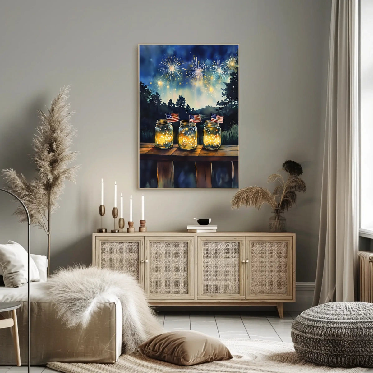 Three Mason Jars Glowing With Fireflies Rustic Poster