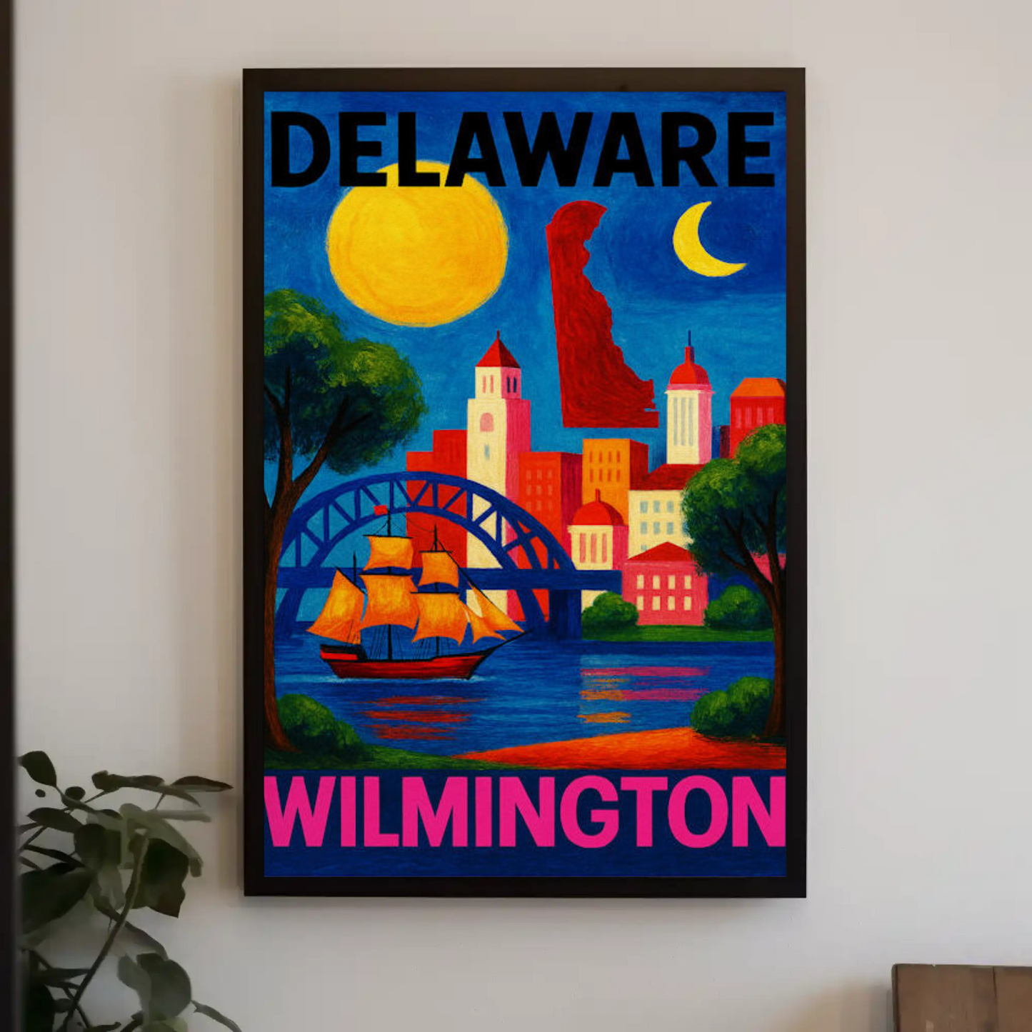 Wilmington Delaware Sailboat Bridge Skyline Travel Poster