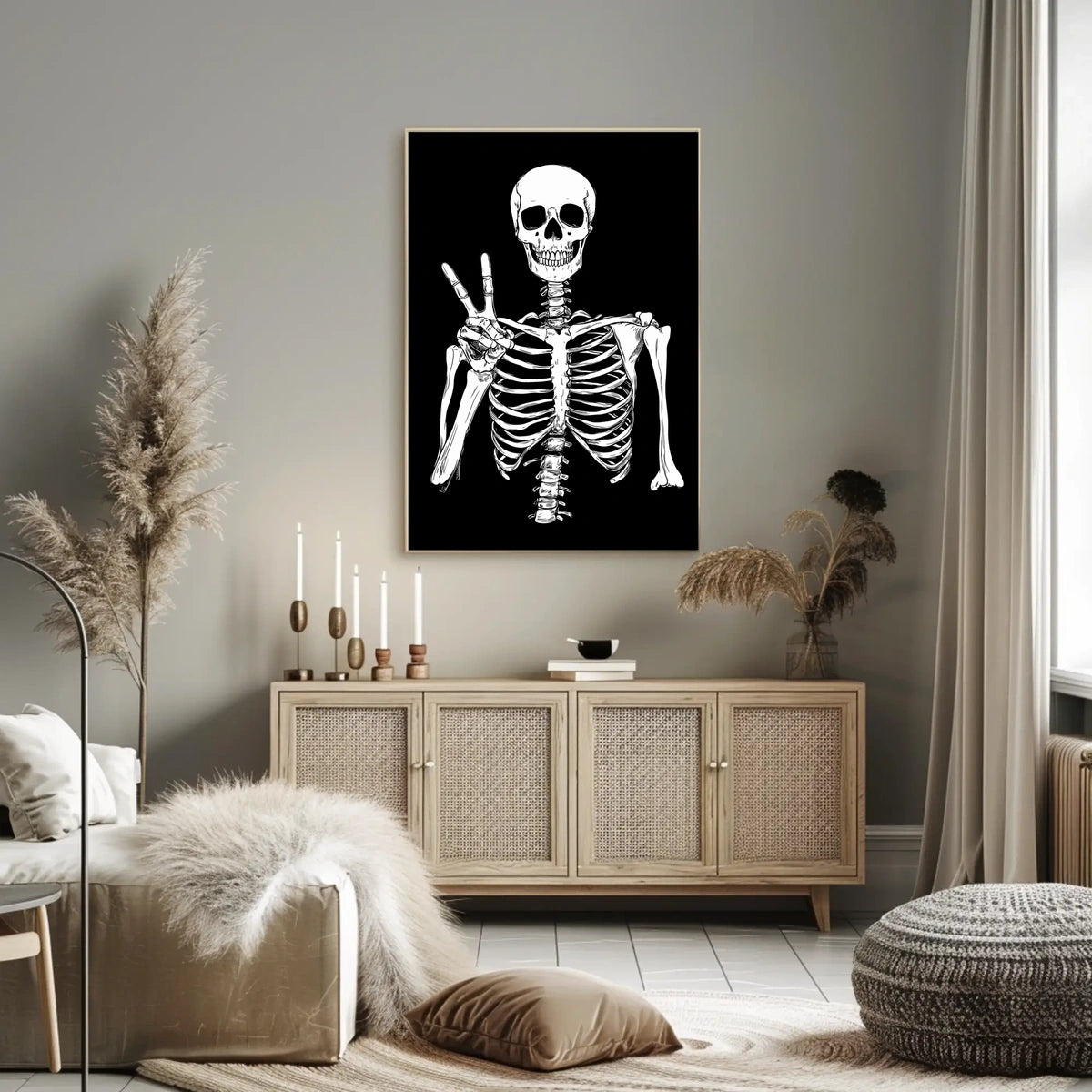 Skeleton Peace Sign Black Background Monochromatic Poster