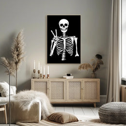 Skeleton Peace Sign Black Background Monochromatic Poster