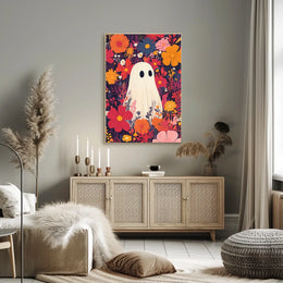 Ghostly Figure Amidst Flowers Whimsical Playful Poster