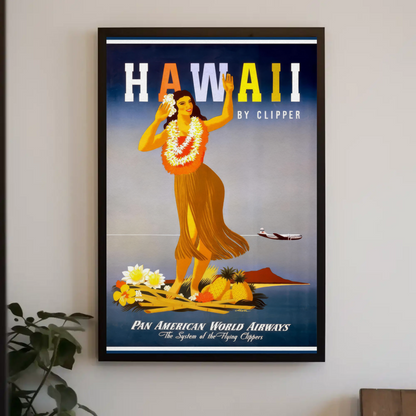 Pan Am Hawaii Hula Dancer Island Sunset Travel Poster