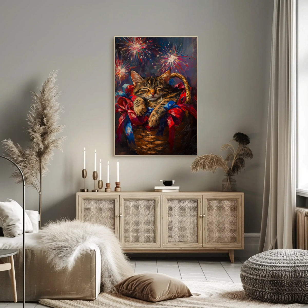 Brown Tabby Cat Curling Up Inside A Woven Basket Poster