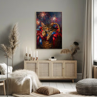 Brown Tabby Cat Curling Up Inside A Woven Basket Poster