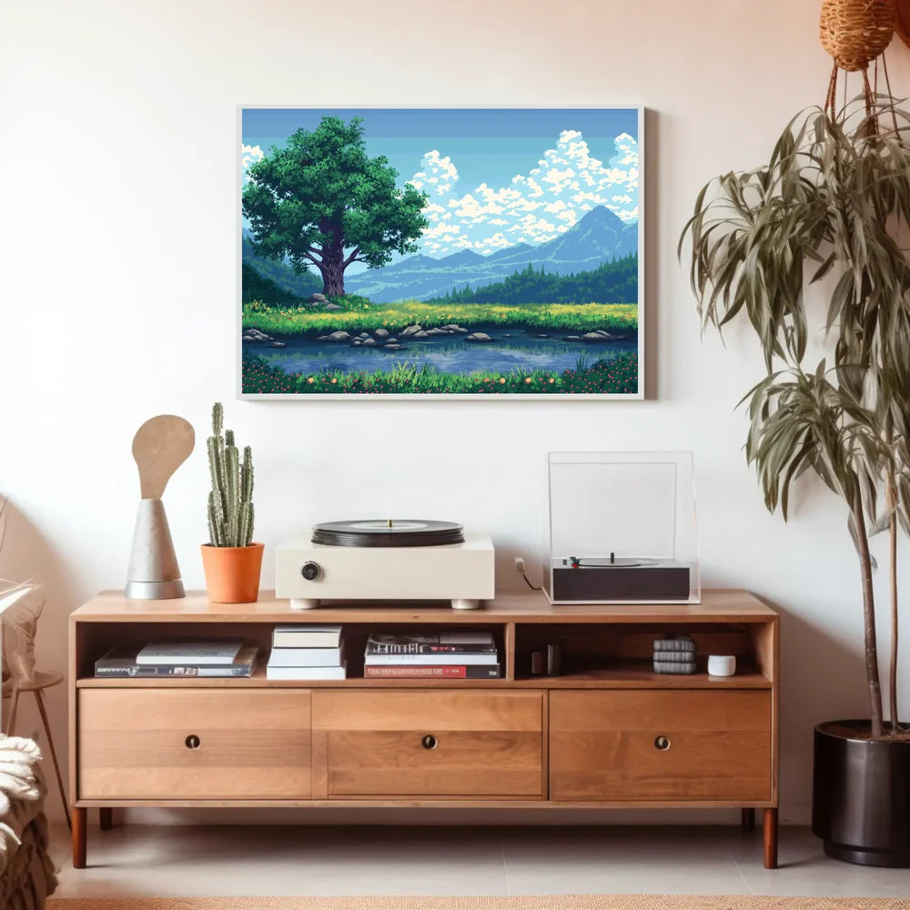 Serene Pixel Art Meadow with Tree and Pond
