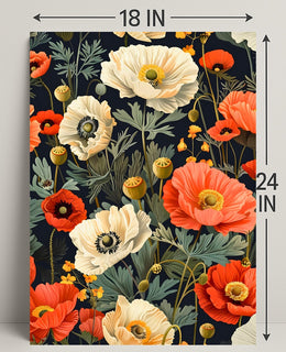 Lush Botanical Garden Scene with Poppies Artistic Poster