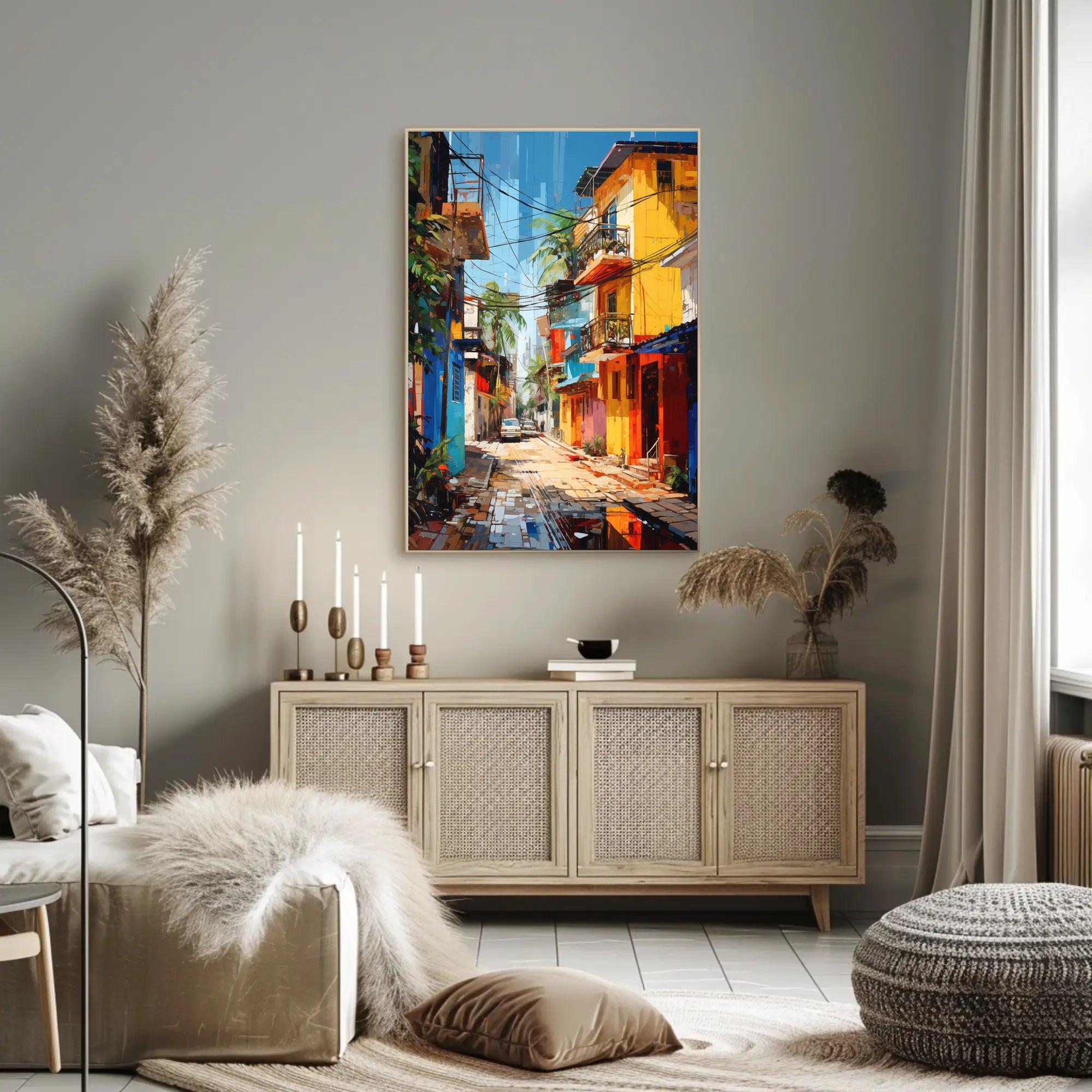 Vibrant Tropical Urban Street Scene Artistic Poster