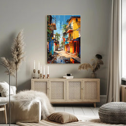 Vibrant Tropical Urban Street Scene Artistic Poster