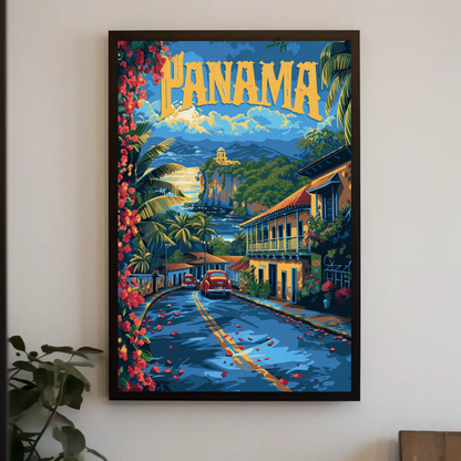 Panama Coastal Cliffs Village Retro Street View Travel Poster
