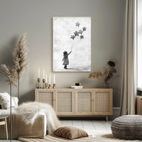 Child Releasing Star Balloons Minimalist Art Sketch Poster