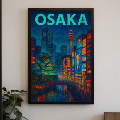 Osaka Neon and Castle Night Travel Poster