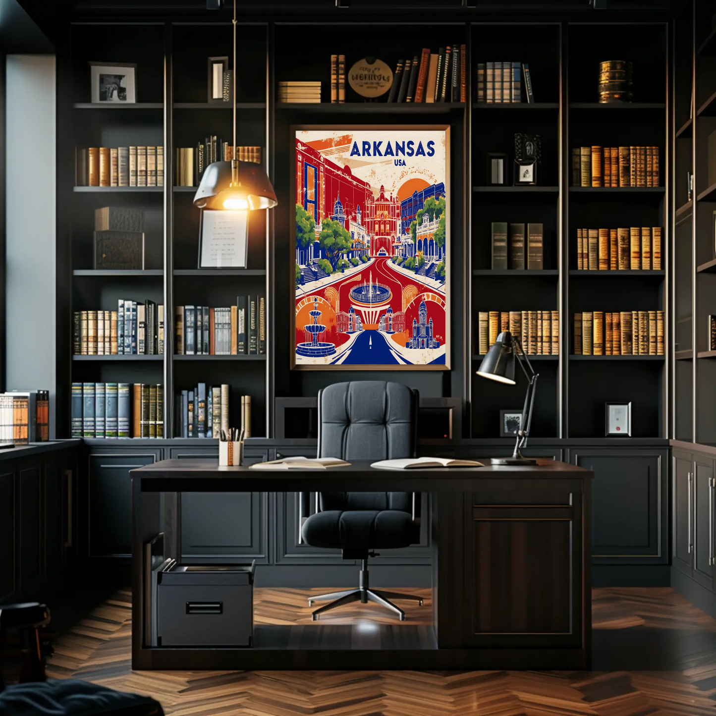 Arkansas Grand Street Circle Vintage Maroon Travel Poster USA