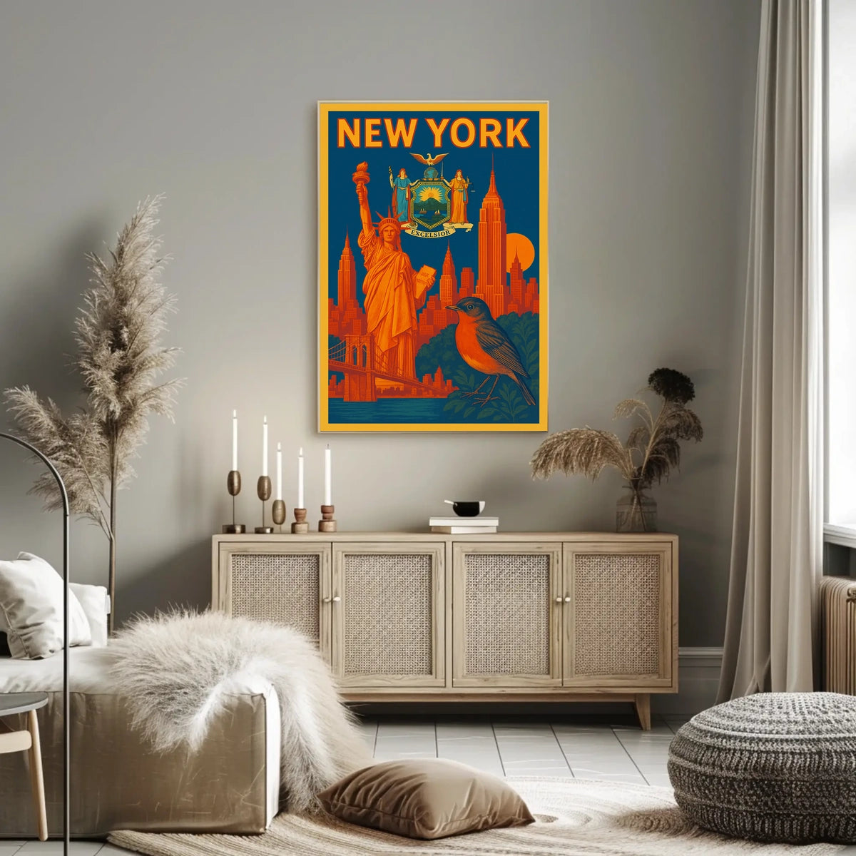 New York Poster Vintage Statue Skyline Bridge Wall Art