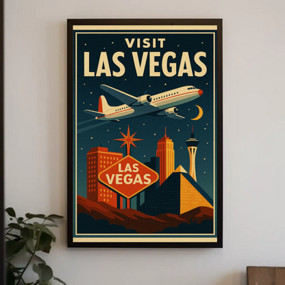 Visit Las Vegas Stylized Airliner Night Neon Glow Travel Poster
