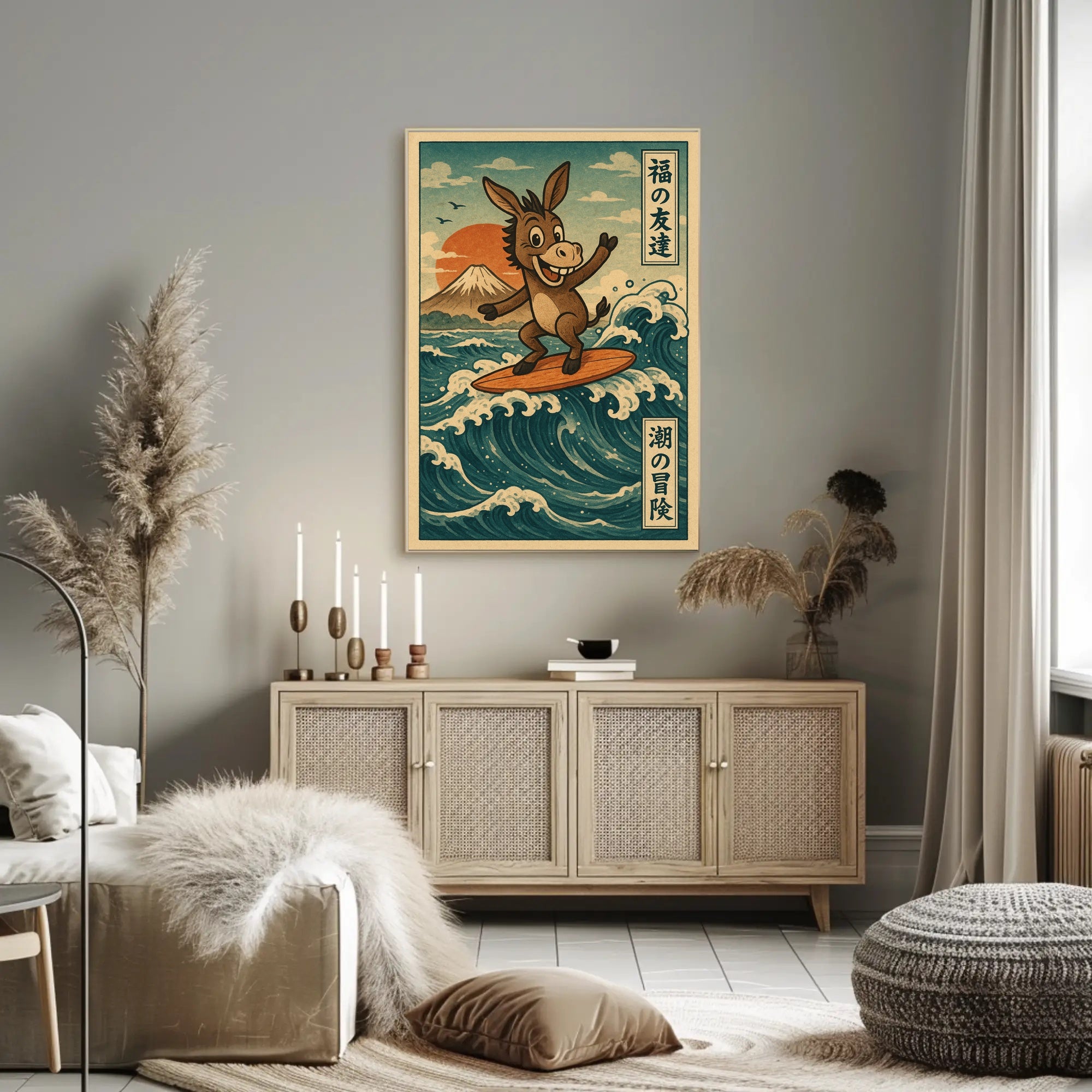 Surfing Donkey Adventure on Japanese Heritage Poster