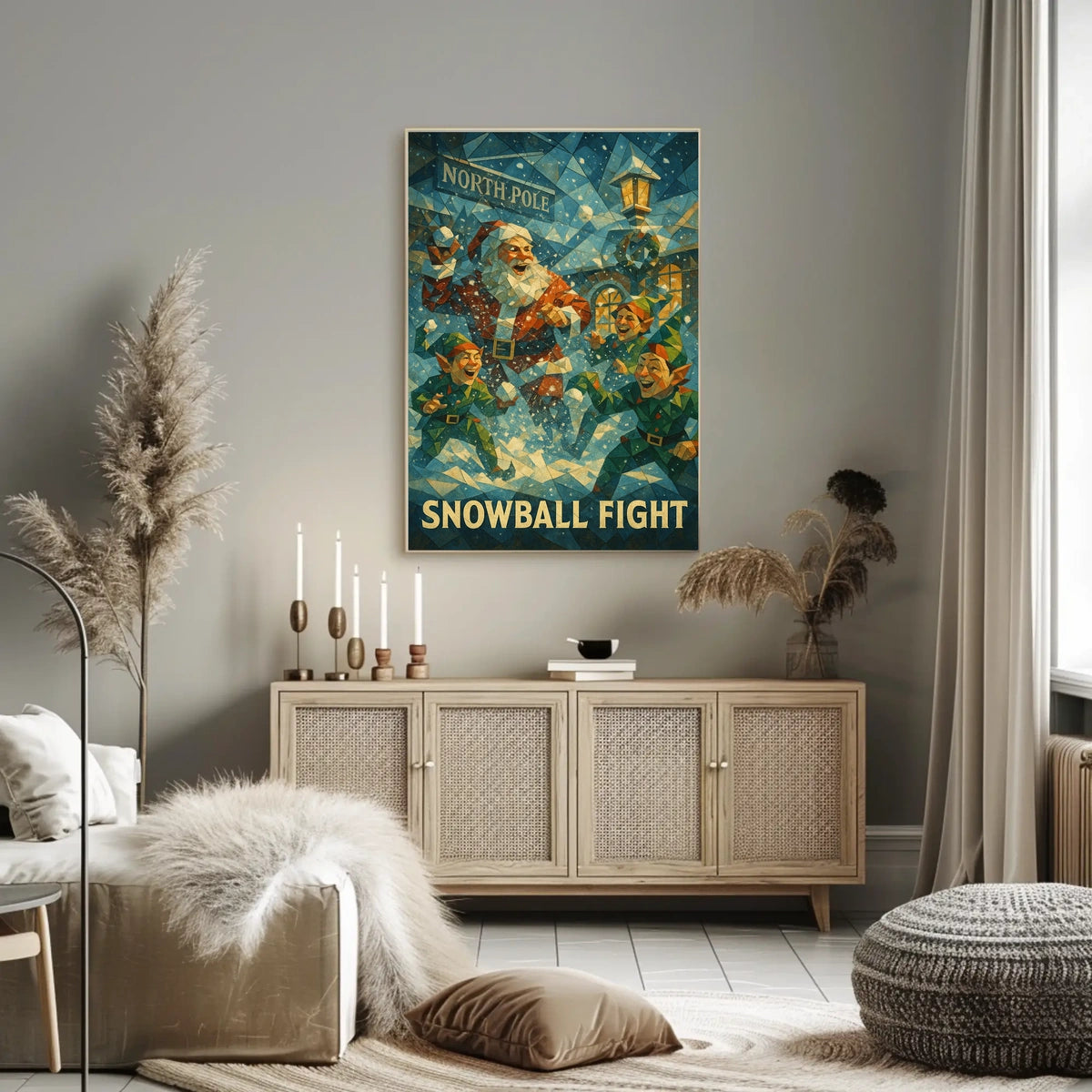Festive Santa and Elves Snowball Fight Poster