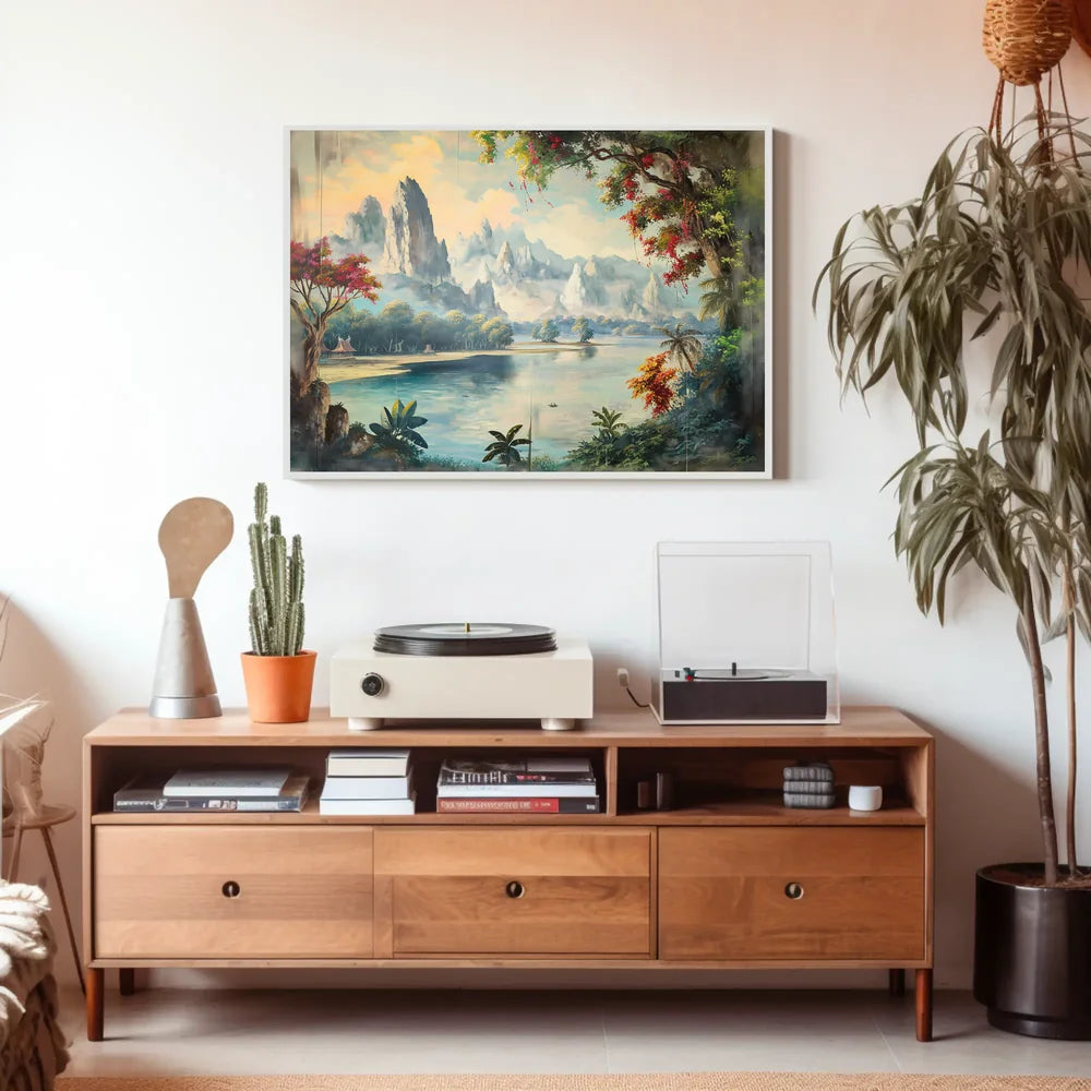 Serene Asian Landscape with Misty Mountains Poster