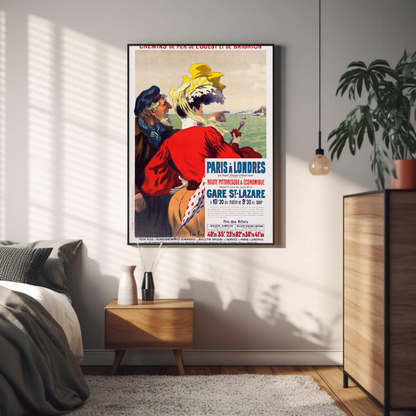 Paris To London Seaside View Couple Vintage Travel Poster