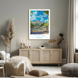 Retiro Park in Madrid vibrant travel illustration poster