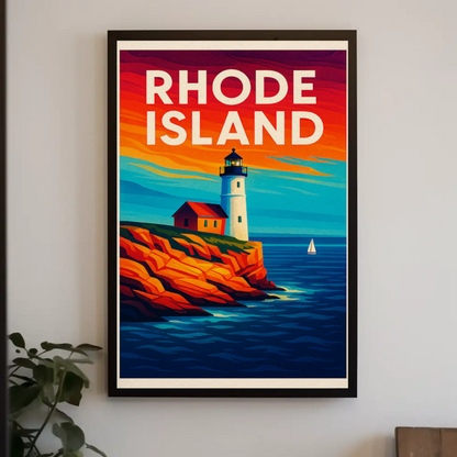 Rhode Island Coast Lighthouse Ocean Sunset Travel Poster