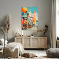Retro-Modern Urban Scene: Coastal City Artistic Poster