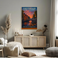 Amsterdam Canal Sunset Poster Golden Hour Wall Art Print