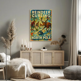 Reindeer Curling at the North Pole Poster