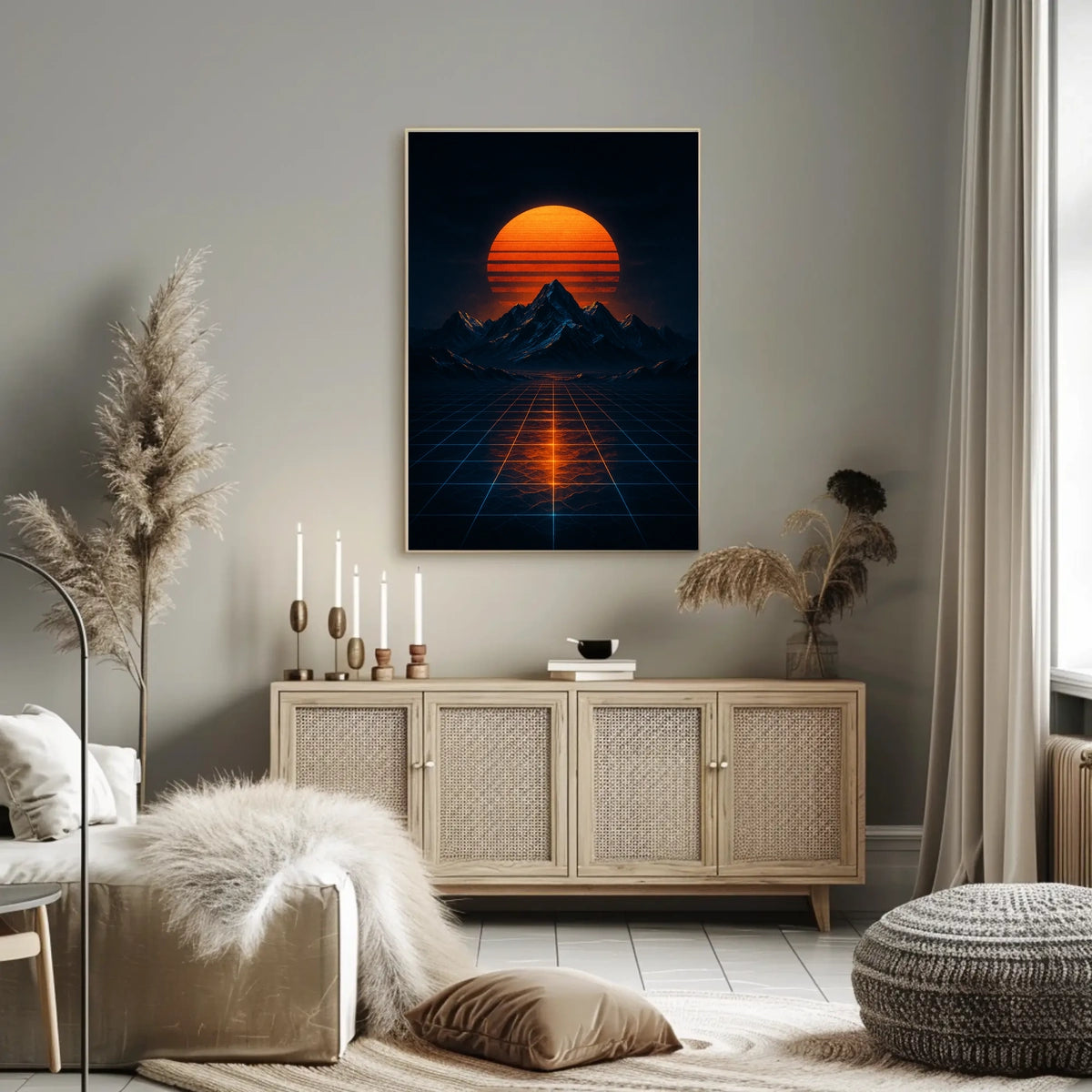 Retrofuturistic Landscape Art with Glowing Sun Futuristic Sci-Fi Poster