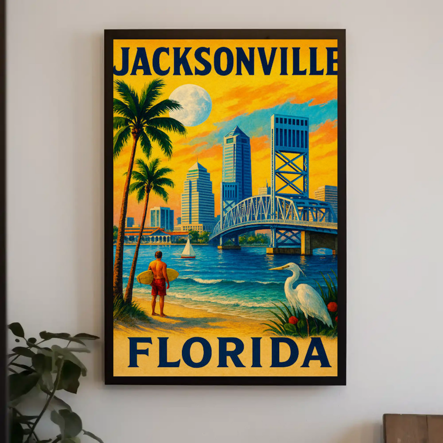 Jacksonville Florida Surfer Bridge Skyline Sunset Travel Poster