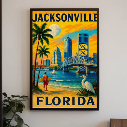 Jacksonville Florida Surfer Bridge Skyline Sunset Travel Poster