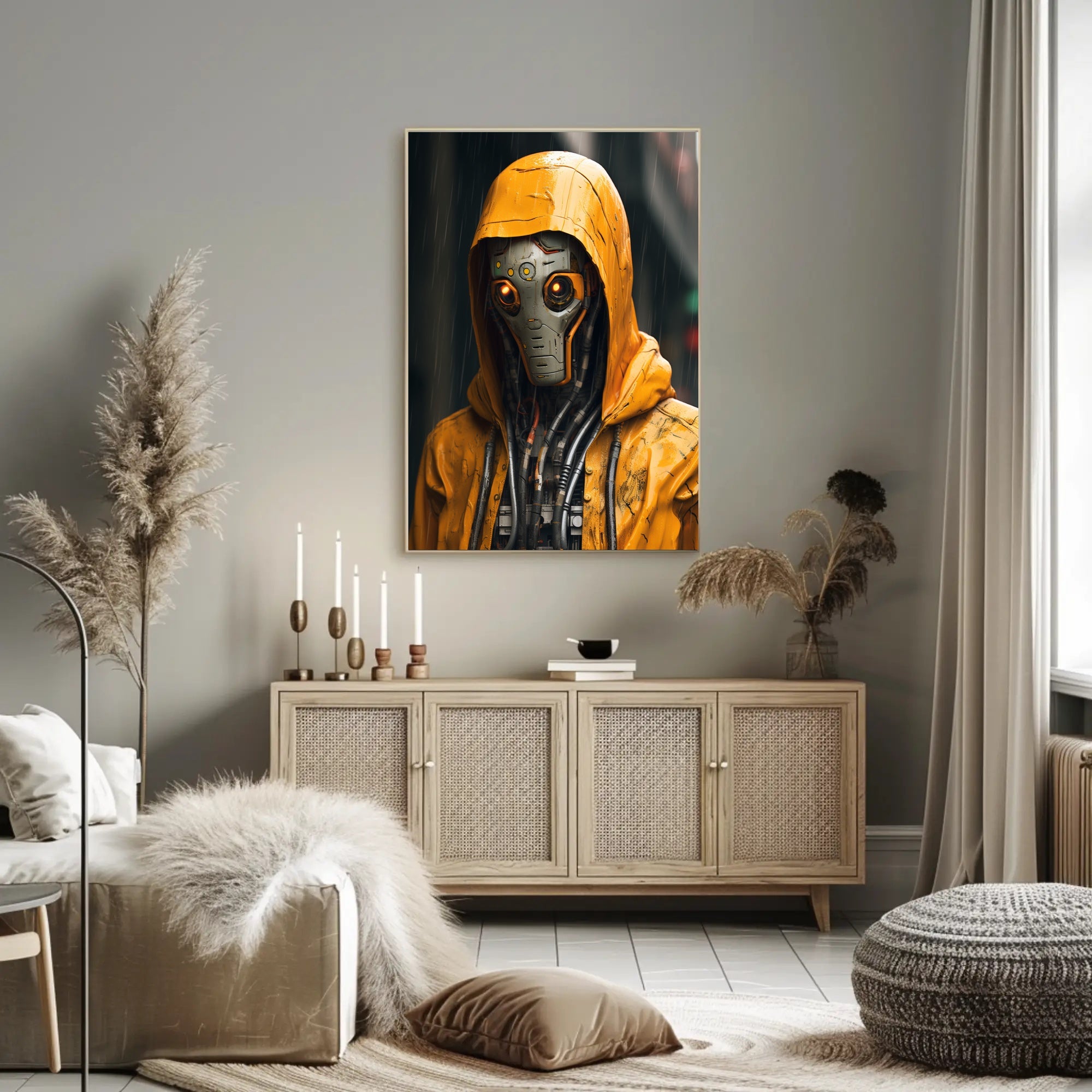 Cybernetic Sentinel In The Rain Poster PosterGoat