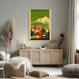 Serene Mountain Village with Traditional Attire Poster