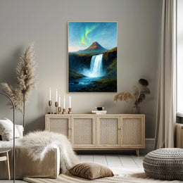 Majestic Northern Lights Over Waterfall Poster