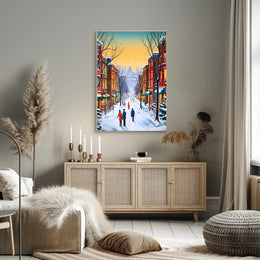 Charming Winter Street Scene in Urban Cityscape Poster