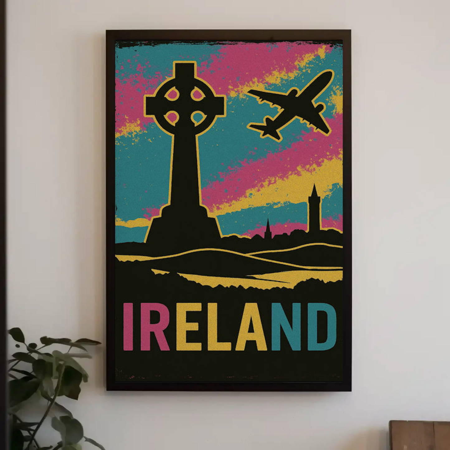 Ireland Celtic Cross Air Travel Retro Poster