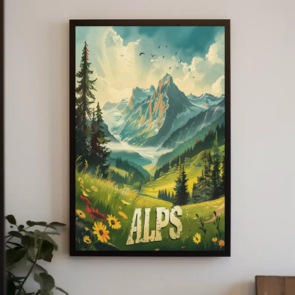 Alps Mountain Meadow Light Rays Forest Travel Poster