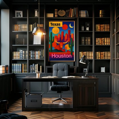 Texas Houston Longhorn Cactus Sunset Cityscape Vintage Travel Poster