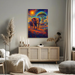 Majestic Elephants Safari Art Poster: Vibrant Landscape