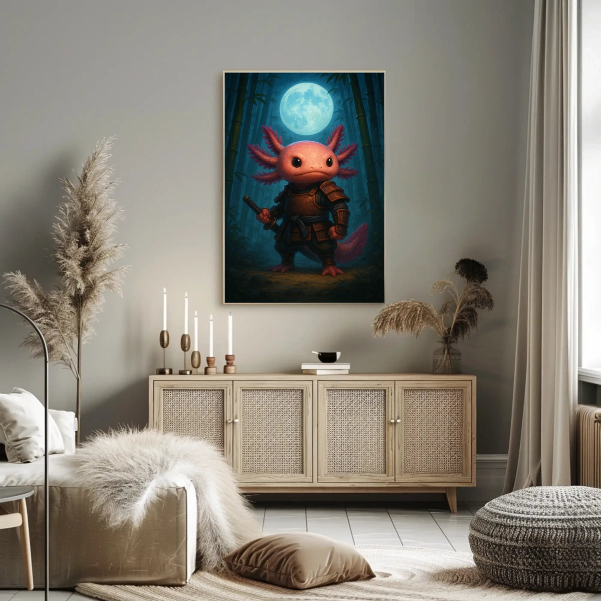 Samurai Axolotl Under The Moon Poster
