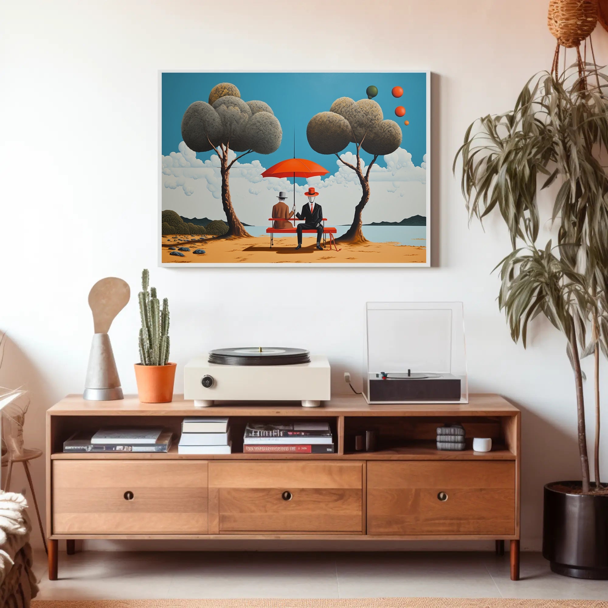 Whimsical Outdoor Scene with Suited Figures - Artistic Poster