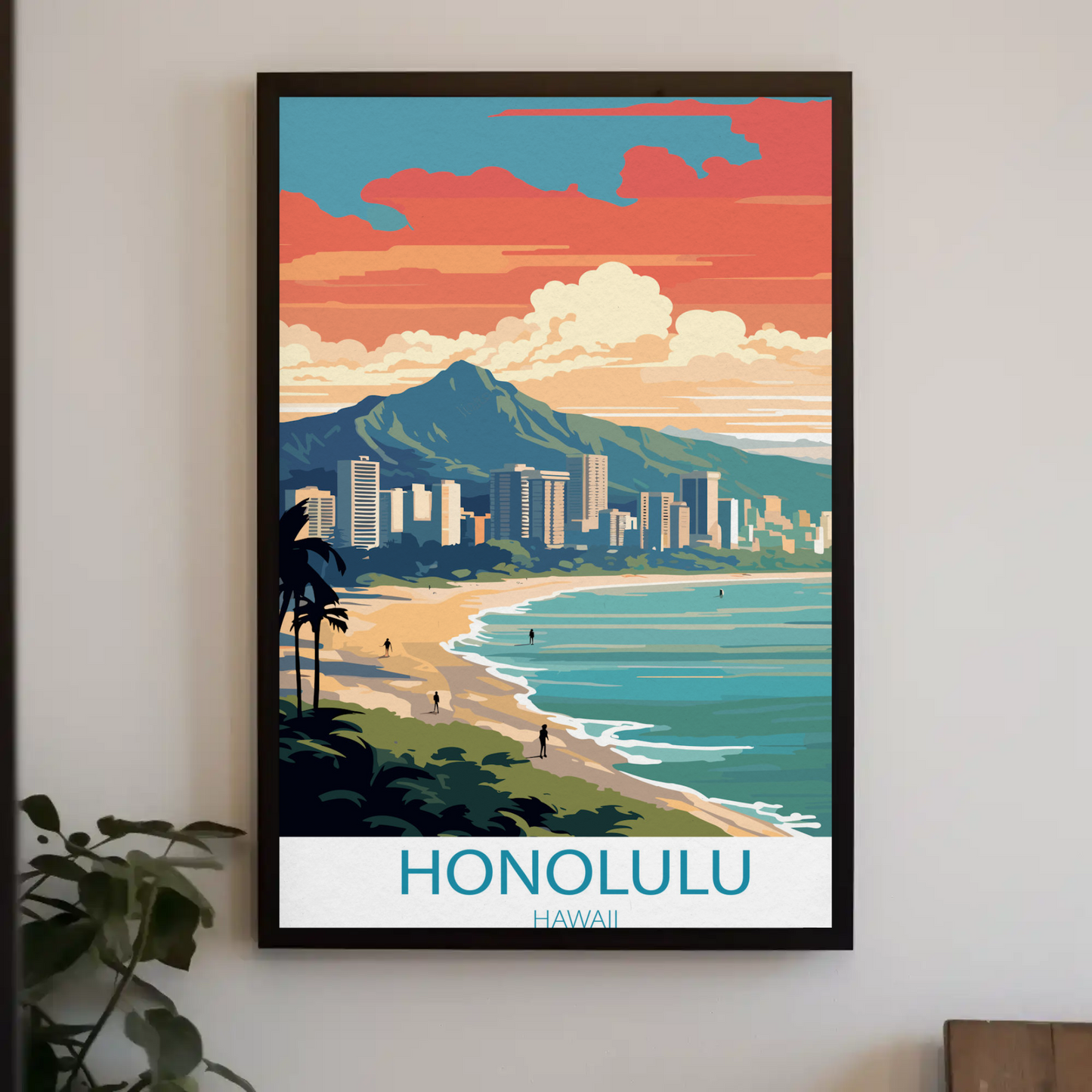 Honolulu Hawaii Sunset Skyline Modern Minimal Travel Poster