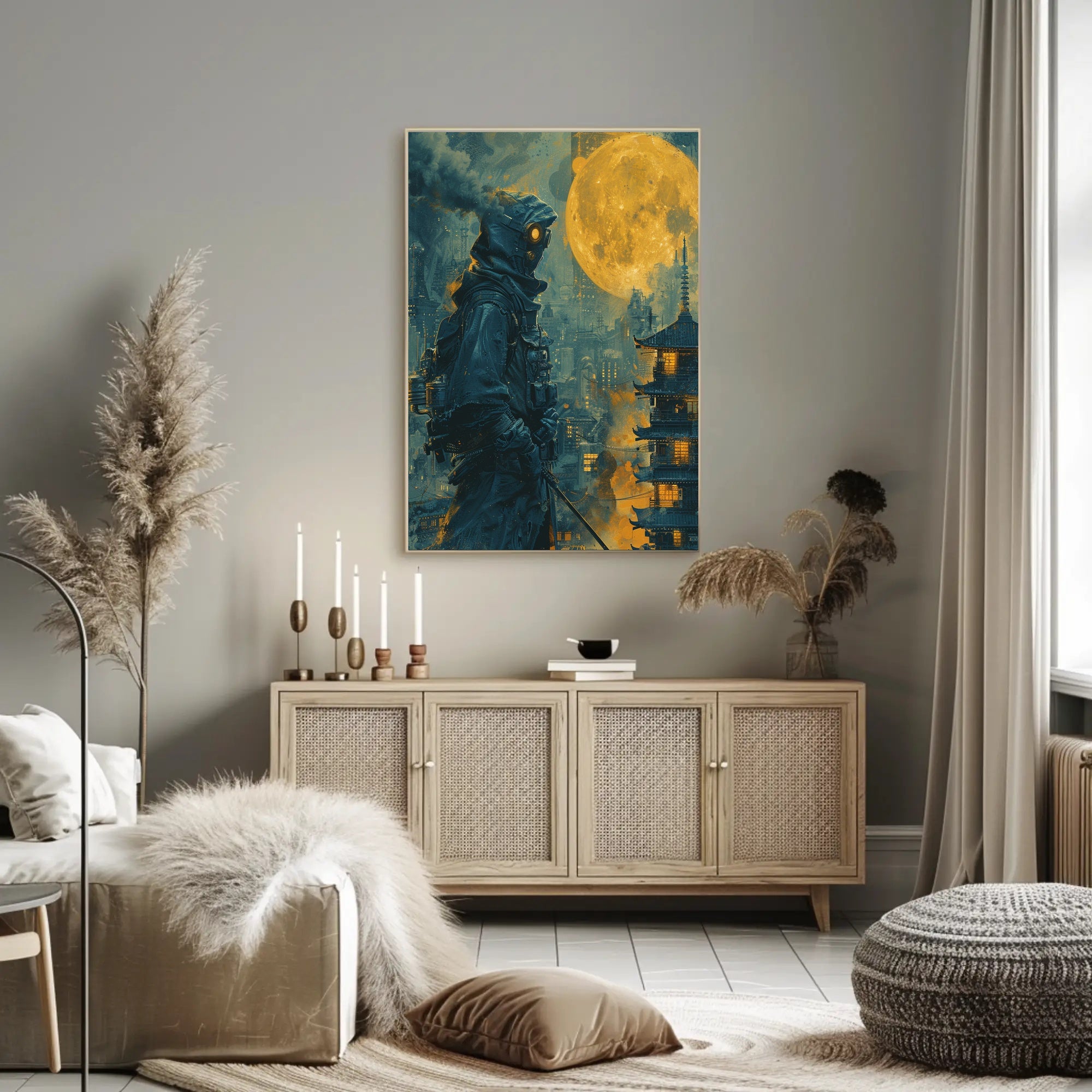 Futuristic Samurai Under A Full Moon Poster PosterGoat