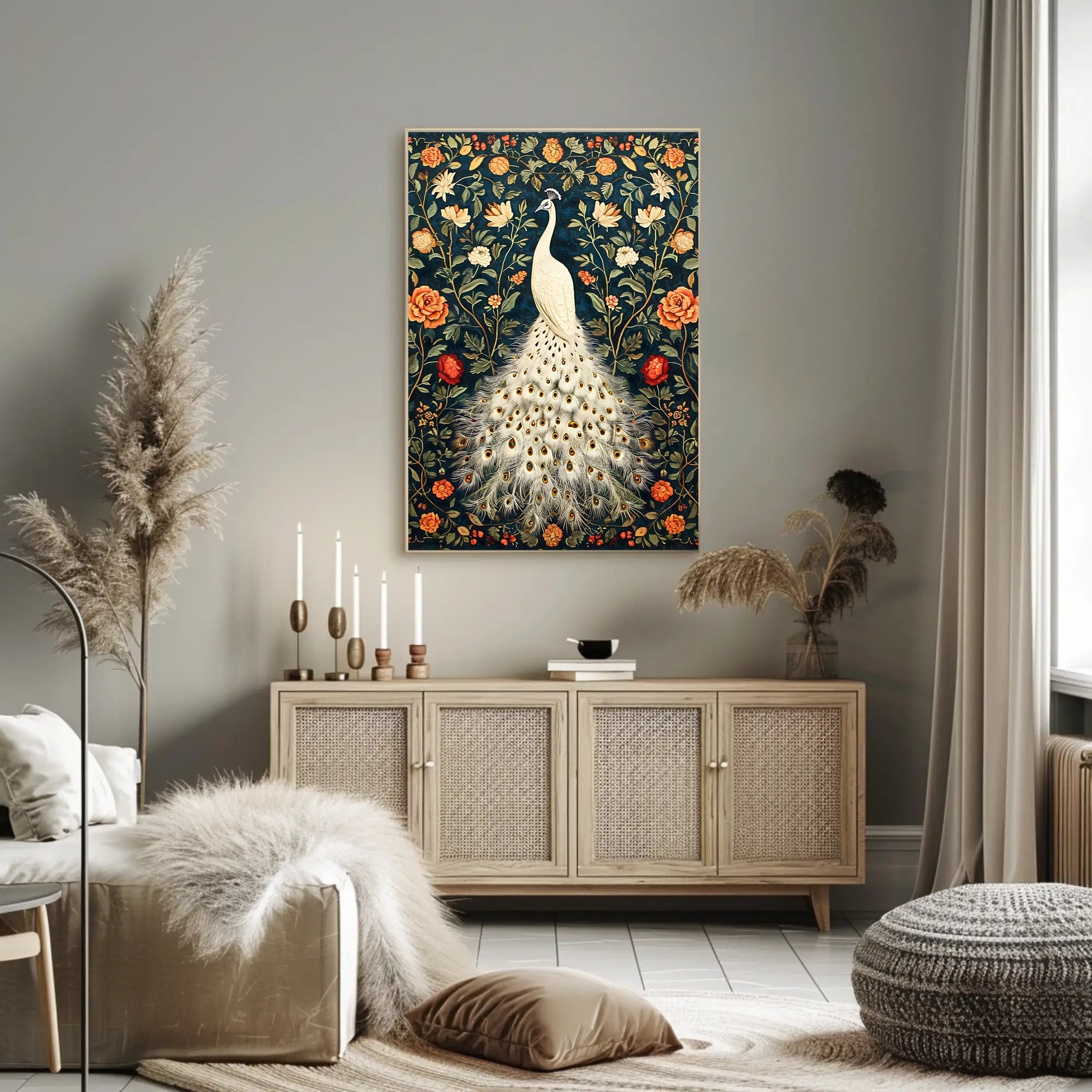 Exquisite White Peacock Among Floral Splendor - Artistic Poster
