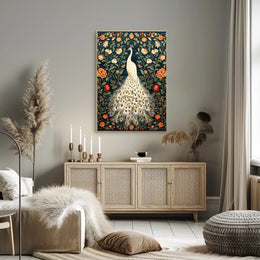 Exquisite White Peacock Among Floral Splendor - Artistic Poster