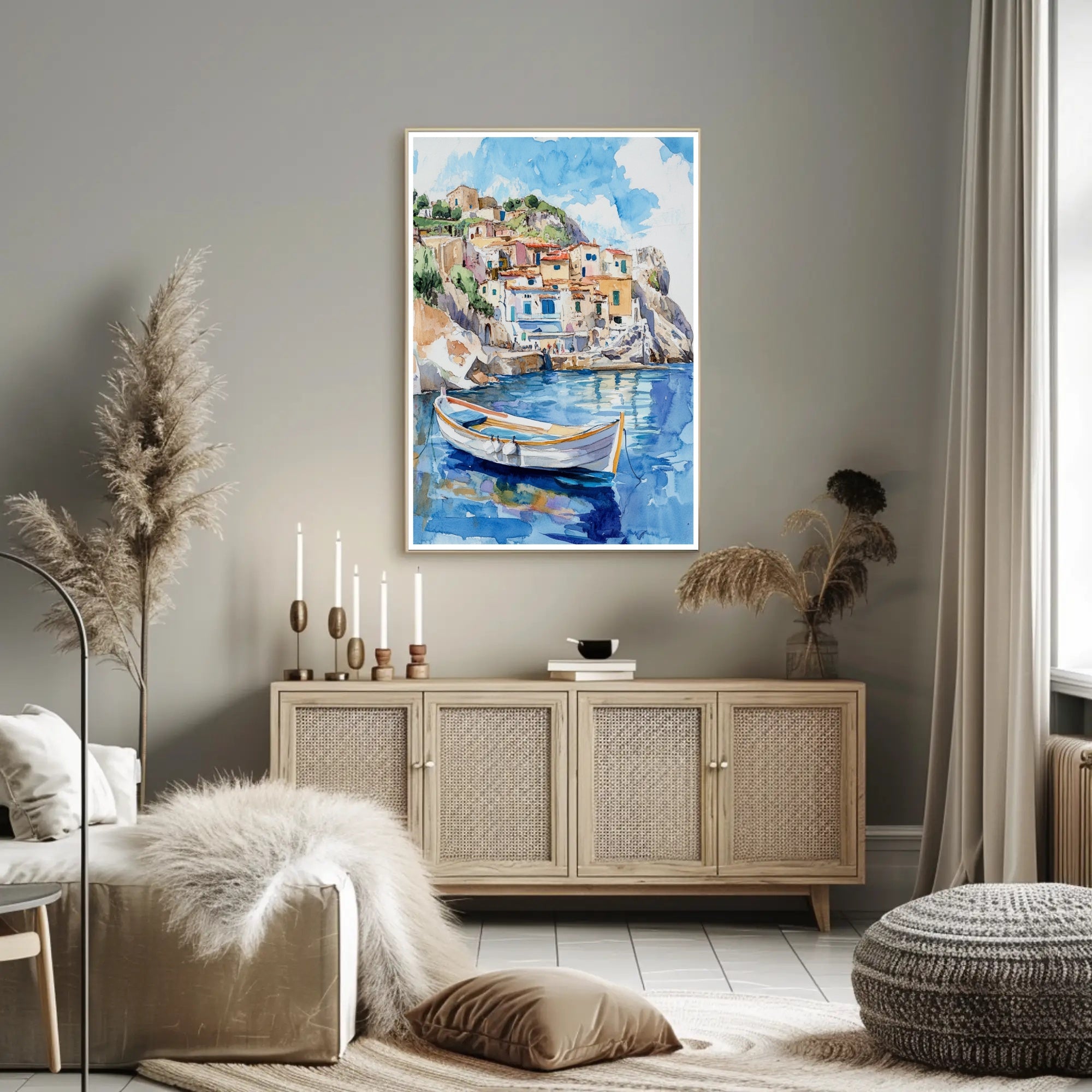 Serene Coastal Village Poster PosterGoat